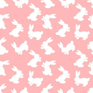 Seamless pattern with white silhouette Easter rabbits on pink background. Design 스톡 일러스트