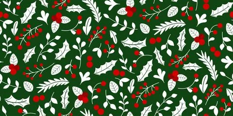 Seamless pattern with white silhouette of holly leaves, sprigs and red berries Stock Illustration