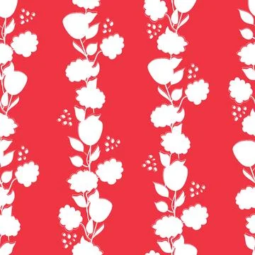 Seamless pattern with white silhouettes of flowers on a red background. Flo.. Stock Illustration