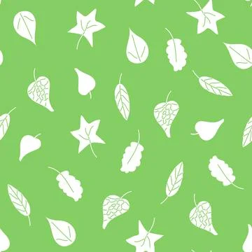 Seamless pattern of white silhouettes of leaves on a green background. Summer Stock Illustration