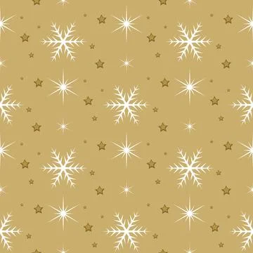 Seamless pattern with white snowflakes and stars on gold background Stock Illustration