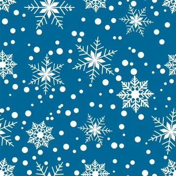 Seamless pattern of white snowflakes and dots on a blue background. Winter and Stock Illustration