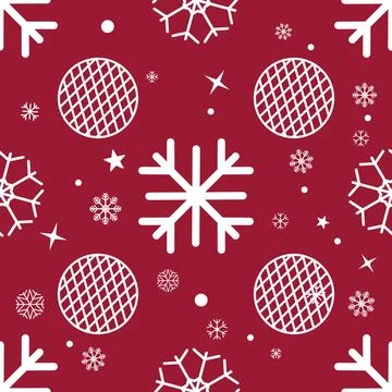 Seamless Pattern White Snowflakes and ornamented bauble on red background f.. Stock Illustration