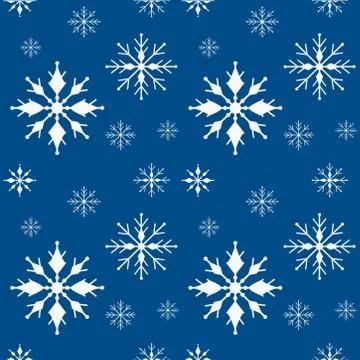 Seamless pattern of white snowflakes of different shapes on the classic blue Stock Illustration