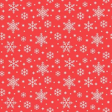 Seamless pattern with white snowflakes on red background. Flat line snowing Stock Illustration