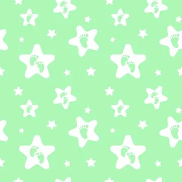 Seamless pattern with white stars and baby feet on green background. Stock Illustration