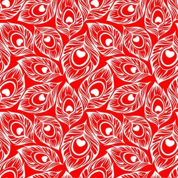Seamless pattern of white stylized peacock feathers on a red background, te.. Stock Illustration