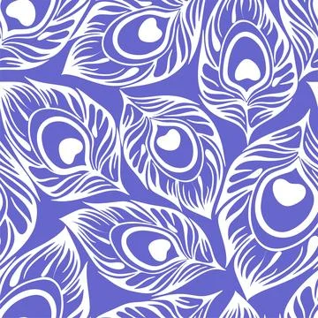 Seamless pattern of white stylized peacock feathers on a blue background, t.. Illustrazione stock