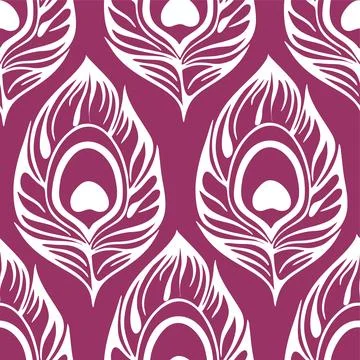 Seamless pattern of white stylized peacock feathers on a purple background,.. Illustrazione stock