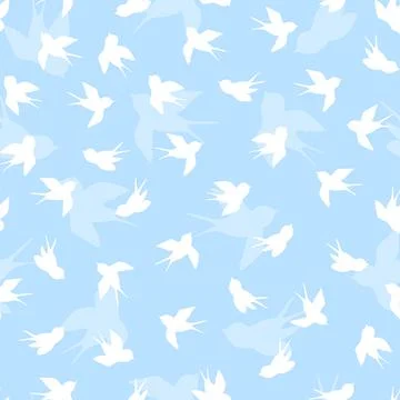 Seamless pattern with white swallow silhouette on blue background. Cute bird in Stock Illustration