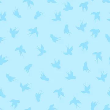 Seamless pattern with white swallow silhouette on blue background. Cute bird in Stock Illustration