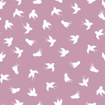 Seamless pattern with white swallow silhouette on pink background. Cute bird in Stock Illustration
