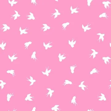 Seamless pattern with white swallow silhouette on blue background. Cute bird in Stock Illustration