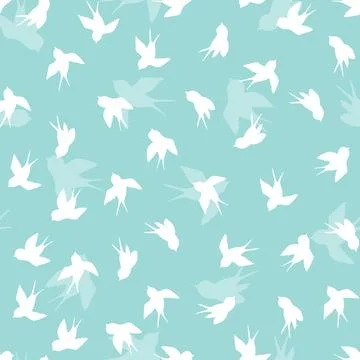 Seamless pattern with white swallow silhouette on blue background. Cute bird in Stock Illustration