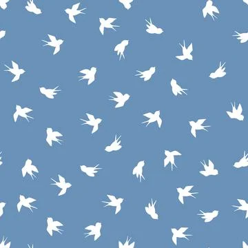 Seamless pattern with white swallow silhouette on blue background. Cute bird in Stock Illustration