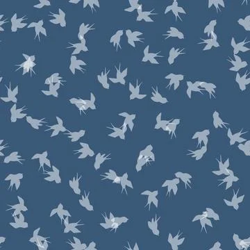 Seamless pattern with white swallow silhouette on blue background. Cute bird in Stock Illustration