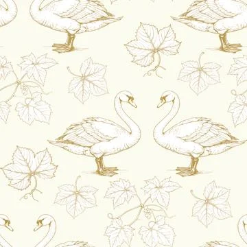 Seamless pattern with white swans and and vine leaves, hand drawn birds Stock Illustration