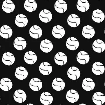 Seamless Pattern of White Tennis Balls isolated on Black Background. Concept  Stock Illustration