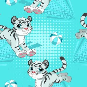 Seamless pattern with white tigers playing with balls Stock Illustration