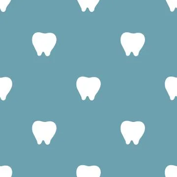 Seamless pattern with white tooth icon on blue background. Dentist. Vector. Stock Illustration