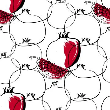 Seamless pattern whith illustration pomegranate fruit in line art black and red Stock Illustration