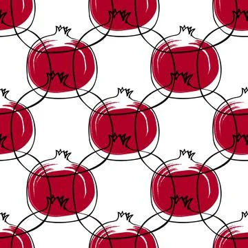 Seamless pattern whith illustration pomegranate fruit in line art black and red Stock Illustration