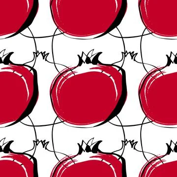 Seamless pattern whith illustration pomegranate fruit in line art black and red Stock Illustration