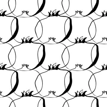 Seamless pattern whith illustration pomegranate fruit in line art black color on Stock Illustration