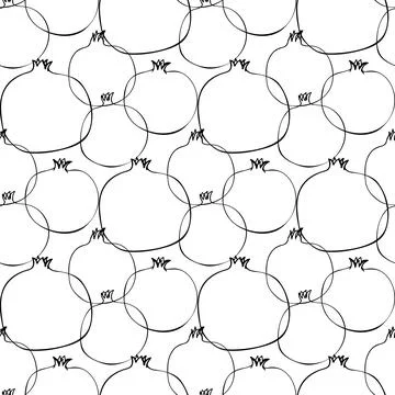 Seamless pattern whith illustration pomegranate fruit in line art black color on Illustrazione stock