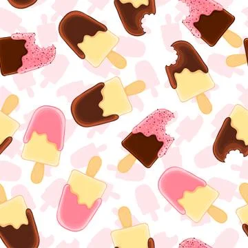 Seamless pattern with whole and bitten vanilla popsicle. Chocolate and raspberry Stock Illustration