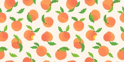 Seamless pattern with whole and bitten peaches with green leaves Stock Illustration