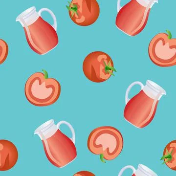 Seamless pattern of whole and chopped tomatoes and tomato juice in a decanter. Stock-Illustration