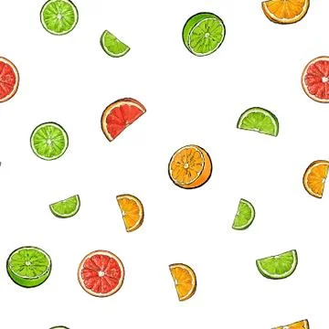 Seamless pattern of whole and cut limes, oranges, grapefruits Stock Illustration