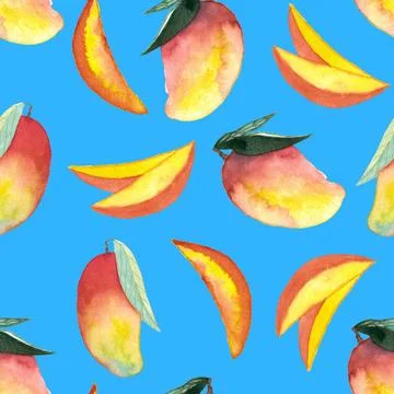 Seamless pattern of whole and cut mango hand painted watercolor illustration Stock Illustration