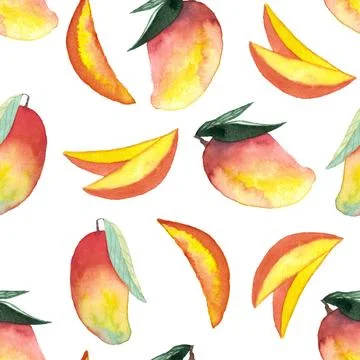 Seamless pattern of whole and cut mango hand painted watercolor illustration Stock Illustration