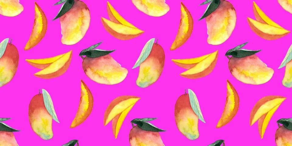 Seamless pattern of whole and cut mango hand painted watercolor illustration 스톡 일러스트