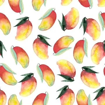 Seamless pattern of whole and cut mango hand painted watercolor illustration イラスト素材