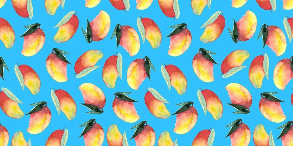 Seamless pattern of whole and cut mango hand painted watercolor illustration 스톡 일러스트
