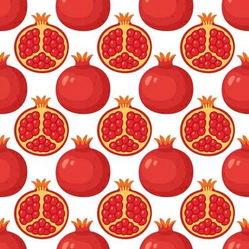 Seamless pattern with whole and cut pomegranates. Hand drawn trendy flat styl Stock Illustration