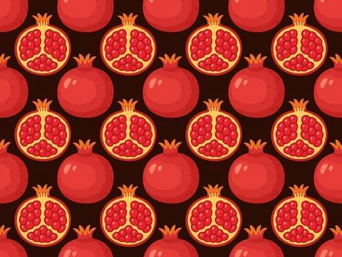 Seamless pattern with whole and cut pomegranates. Hand drawn trendy flat styl Stock Illustration