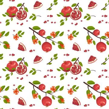 Seamless pattern with whole and half red pomegranate with seeds and branch with Stock Illustration