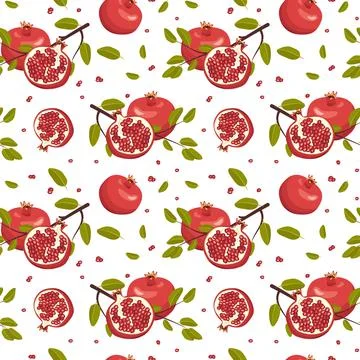 Seamless pattern with whole and half red pomegranate with seeds and branch with Illustrazione stock