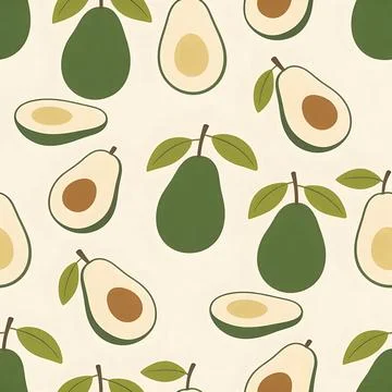 Seamless pattern of whole and halved avocados with pits on a light cream backgro Stock-Illustration