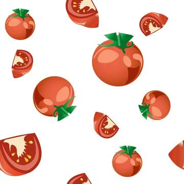 Seamless pattern of whole and sliced tomatoes. Vector illustration isolated on Stock Illustration