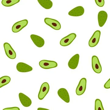 Seamless pattern with whole and sliced avocado vegetable in cartoon hand drawn Stock Illustration