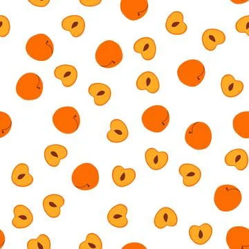 Seamless pattern with whole and sliced peach fruit in hand drawn cartoon style Stock Illustration