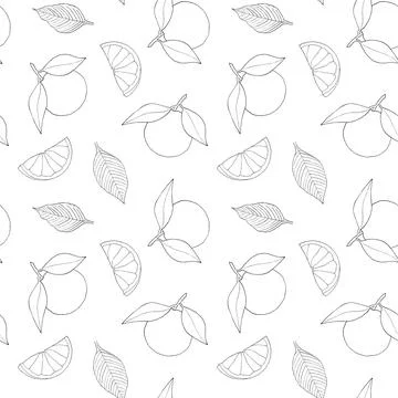 Seamless pattern with whole and sliced orange fruits, leaves. vector image Illustrazione stock