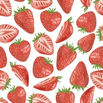 Seamless pattern of whole and sliced strawberries with vivid green leaves o.. Stock Illustration