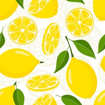 Seamless pattern with whole and slices of lemon fruit and leaves. Flat and Illustrazione stock