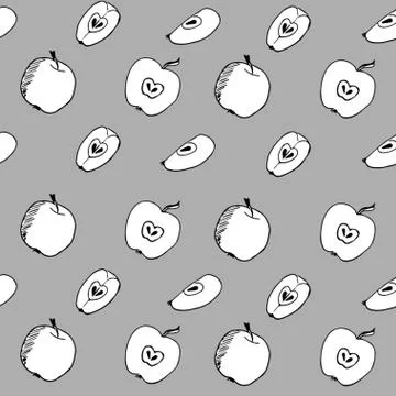 Seamless pattern - whole apples sketch and apple slices on a gray background. Stock Illustration